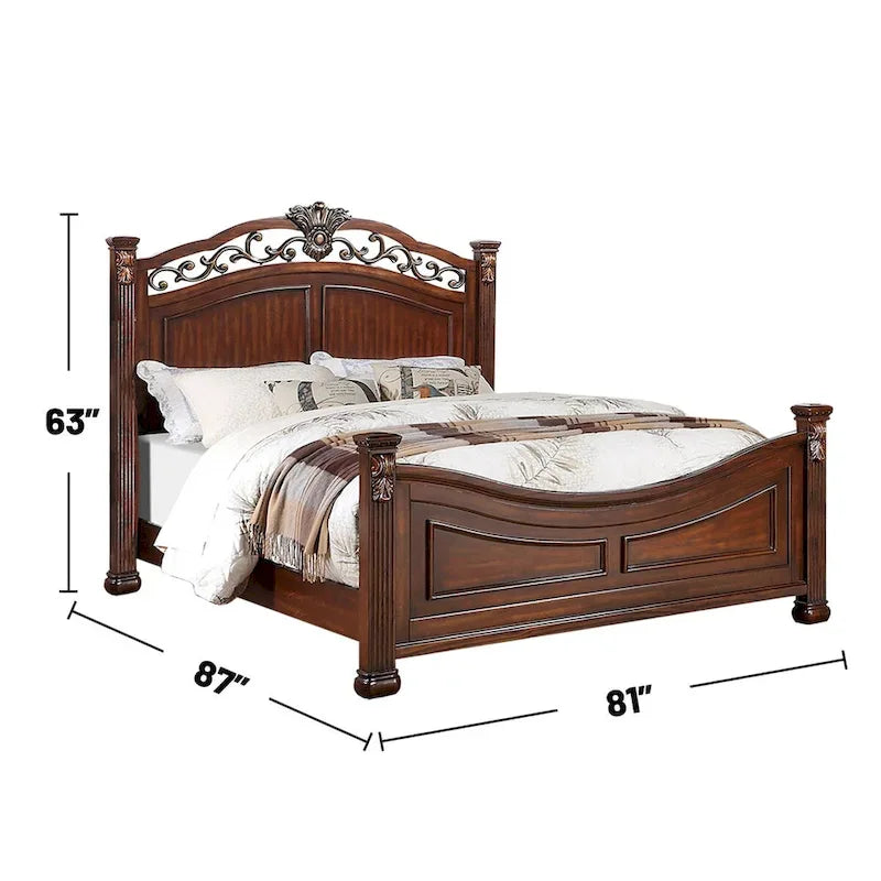 Letto in legno con testiera lavorata color ciliegio scuro