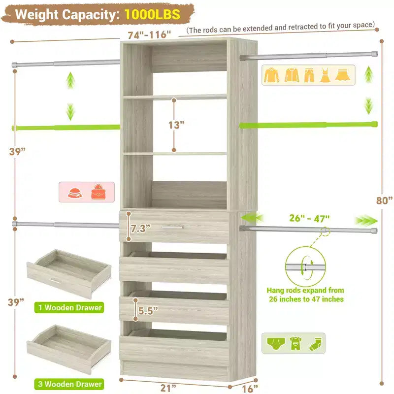 Système d’organisation de dressing en bois Besiost de 4 à 9 pieds avec 4 tiroirs, 4 tringles et des colonnes d’étagères
