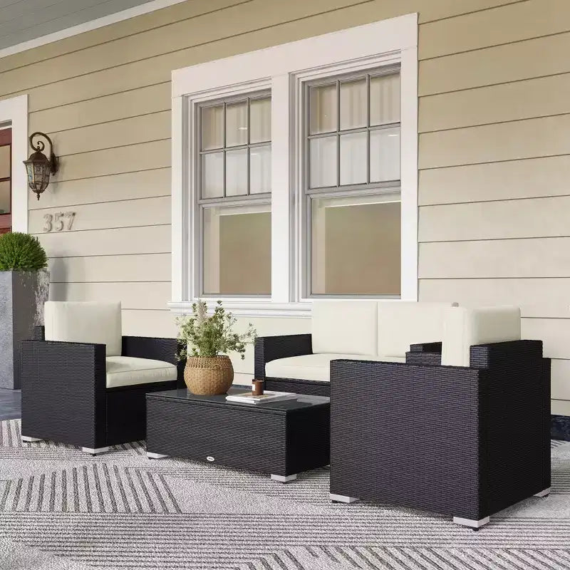 Set da giardino in rattan da 4 pezzi, set da patio in vimini con divanetto, sedie e tavolino da caffè con piano in vetro