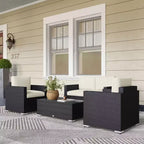 Set da giardino in rattan da 4 pezzi, set da patio in vimini con divanetto, sedie e tavolino da caffè con piano in vetro