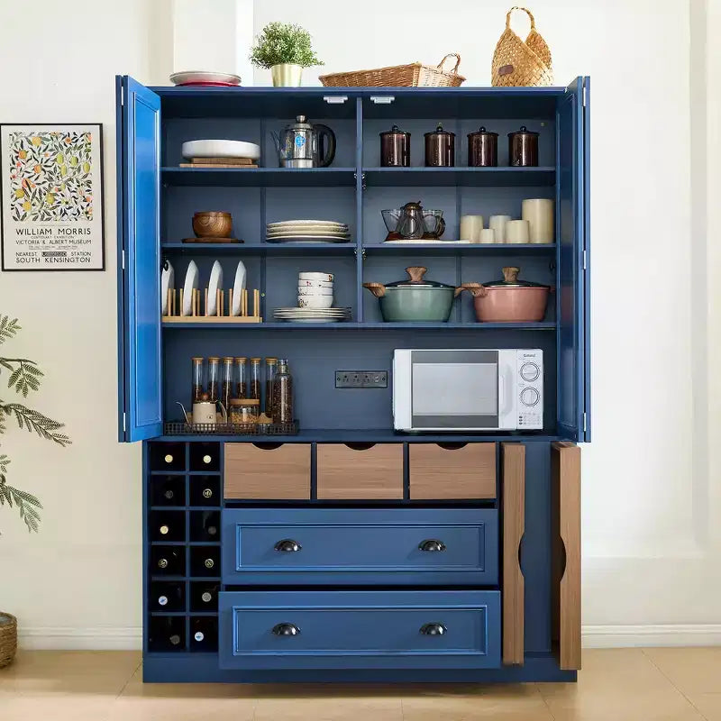 Armoire garde-manger indépendante Whisen de 71 po de hauteur, grand meuble de rangement pour salle à manger avec 4 portes pliantes, étagères et porte-bouteilles