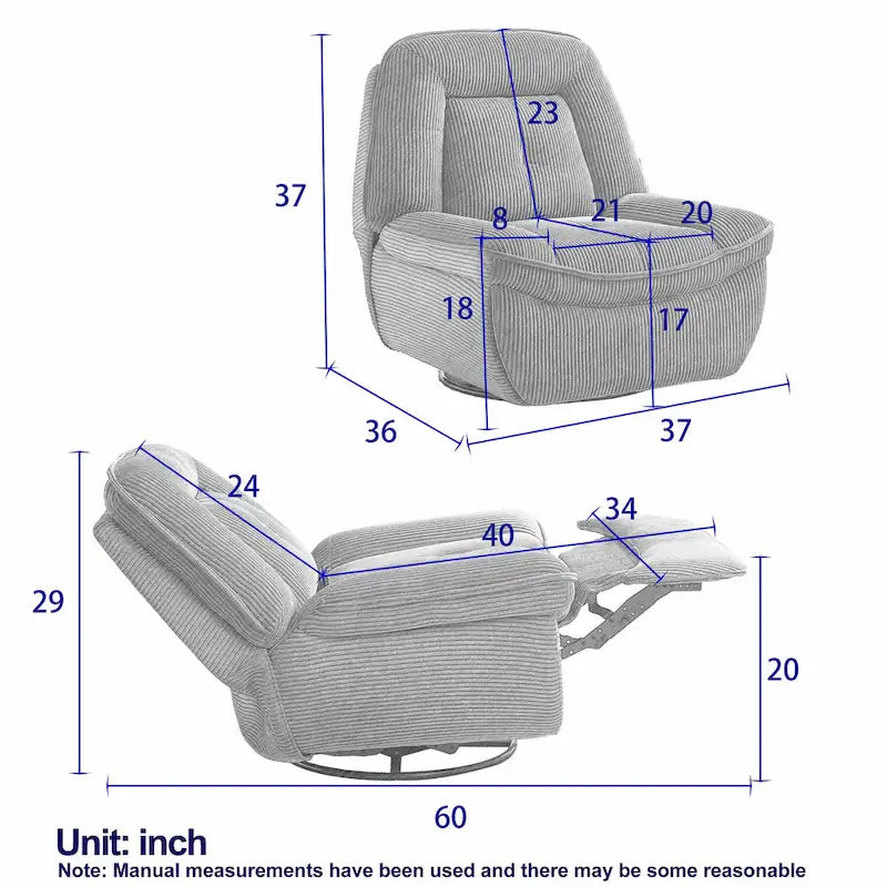 Drehbarer Cord-Sessel mit Gleitfunktion und Liegefunktion, Fußstütze für das Wohnzimmer