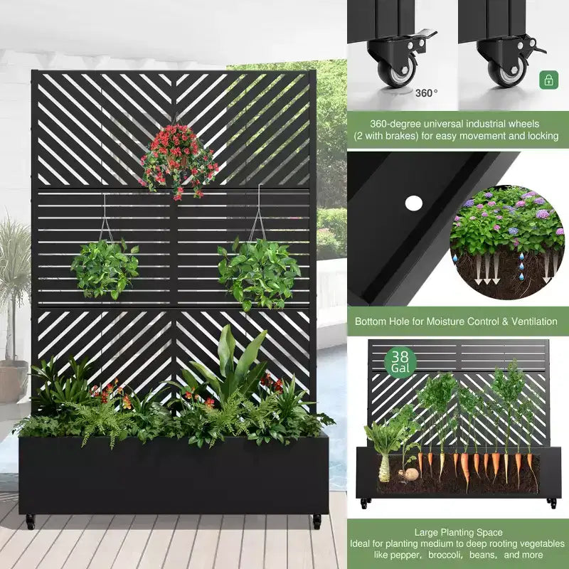 Fioriera MAYEERTY con graticcio in ferro nero, Linea Parallela 01, stile classico a persiana combinato, 72x47x16 pollici, set da 3 pezzi