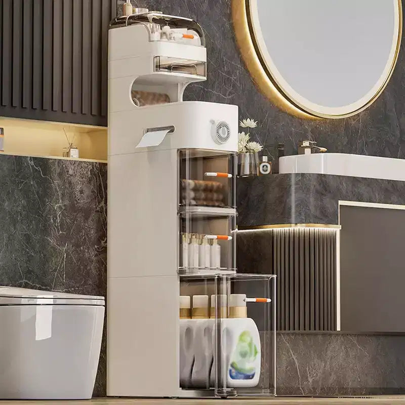 Mobiletto slim per bagno, mobile stretto a 7 ripiani con organizer impermeabili, porta fazzoletti e ruote, ideale per bagno, cucina e lavanderia