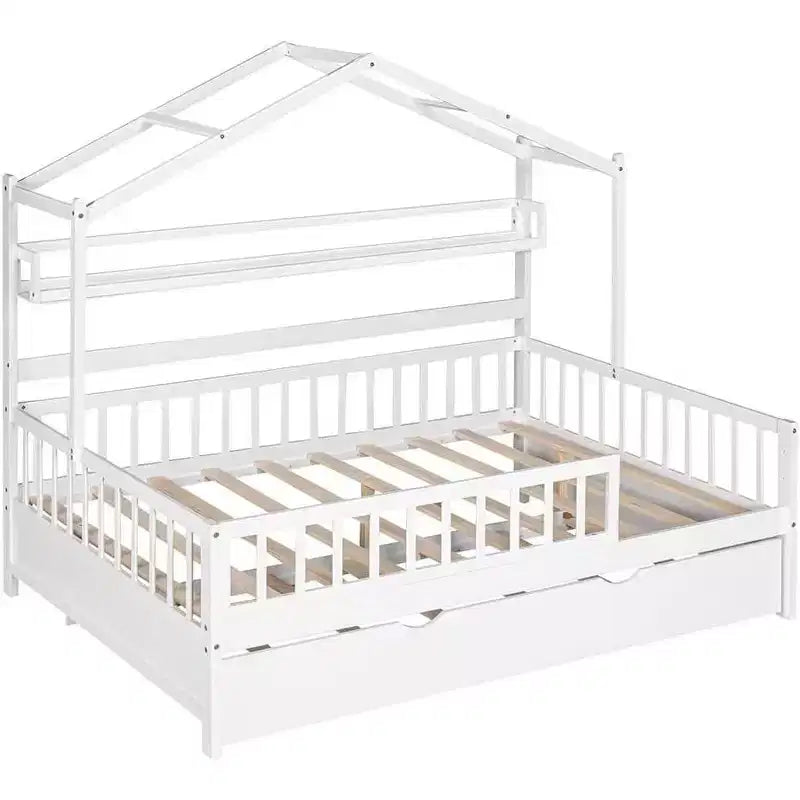 Struttura letto a casetta Acekool matrimoniale con letto estraibile singolo, cassetti contenitore e ripiani, tetto e recinzione, letto a piattaforma per bambini, bianco