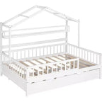 Struttura letto a casetta Acekool matrimoniale con letto estraibile singolo, cassetti contenitore e ripiani, tetto e recinzione, letto a piattaforma per bambini, bianco