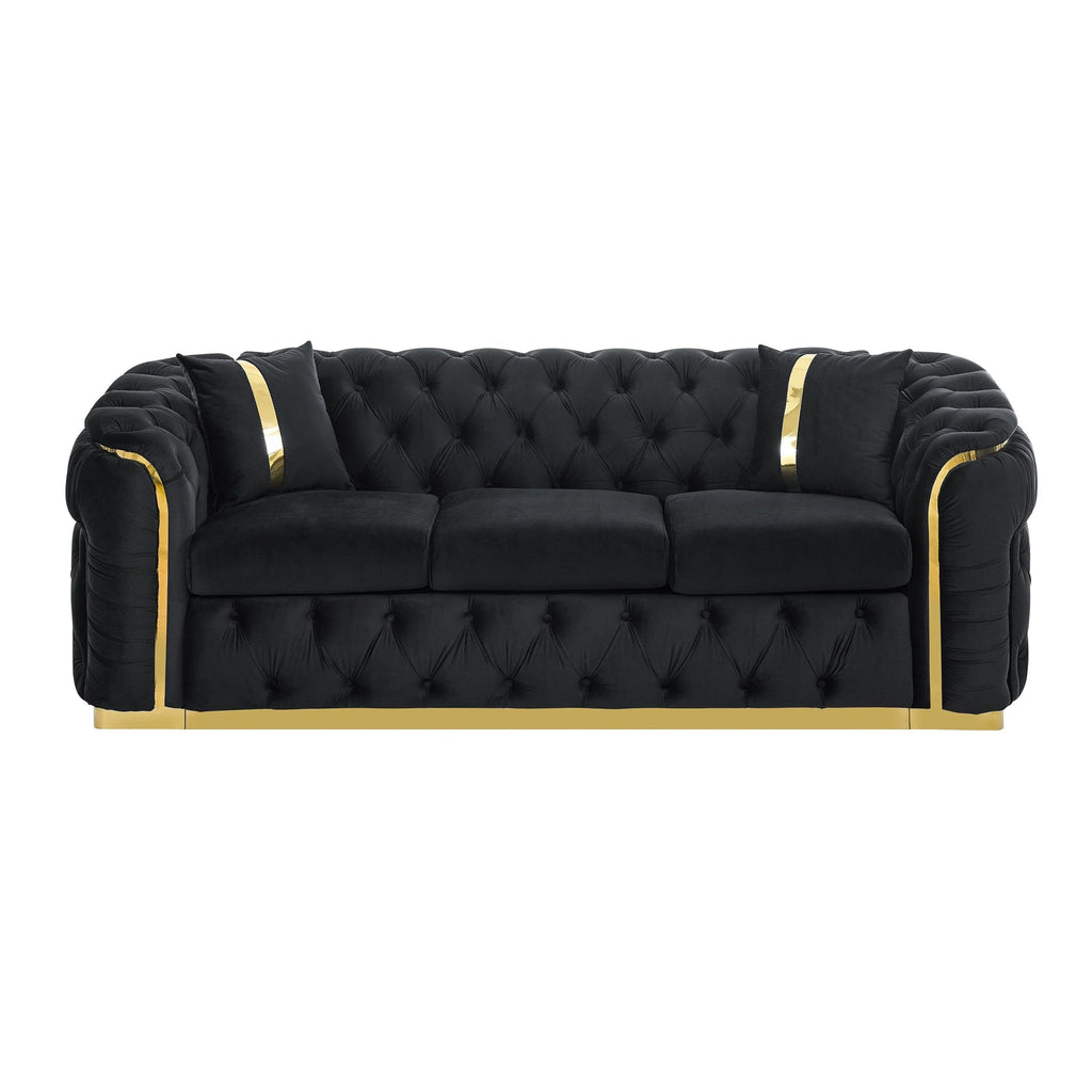 Canapé 3 places en velours de 90,6 avec 2 coussins, coussins haute densité, accents dorés et oreillers