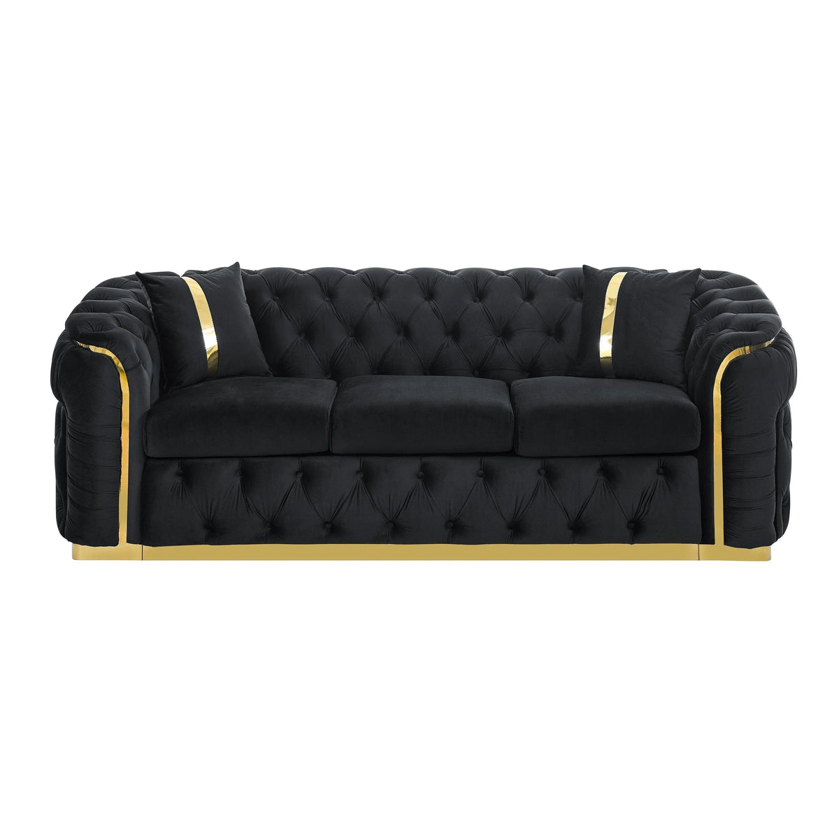 Canapé 3 places en velours de 90,6 avec 2 coussins, coussins haute densité, accents dorés et oreillers