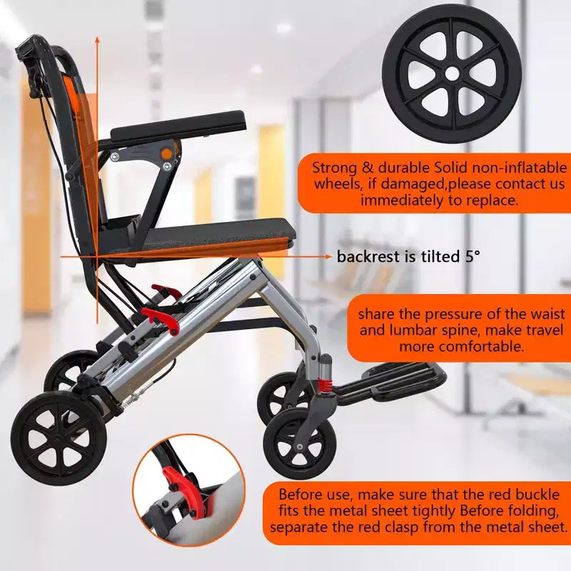 Fauteuil roulant de transport pour personnes âgées ultraléger, pliable et portable, avec frein à main verrouillable et accoudoirs relevables amovibles