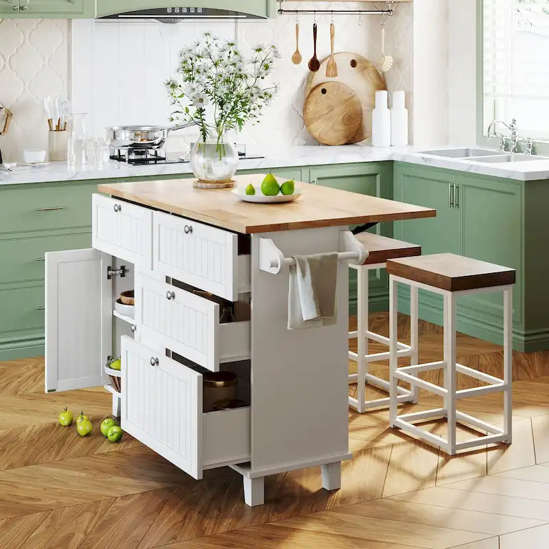 Set isola da cucina TOPMAX con piano ribaltabile e 2 posti a sedere, set da pranzo con ripiano regolabile, cassetti e portasciugamani