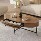 Table basse ovale Acekool avec tiroir, table de rangement en bois de 47,2 avec pieds en métal croisés, table centrale moderne du milieu du siècle en finition bois naturel et saule doré