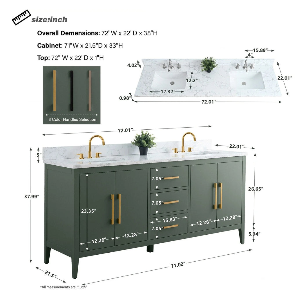 Meuble-lavabo Vanity Art 72 à double vasque avec plateau en marbre reconstitué