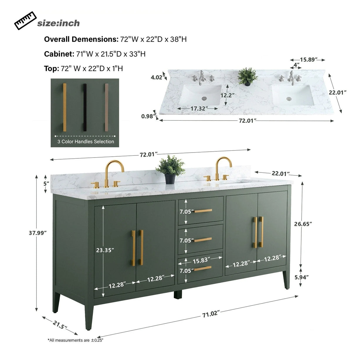 Meuble-lavabo Vanity Art 72 à double vasque avec plateau en marbre reconstitué