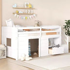 94.6L x 42.3W Solid Wood Twin Size Low Loft Bed With Stair, Drawer And Shelf, Modern & Clean Design