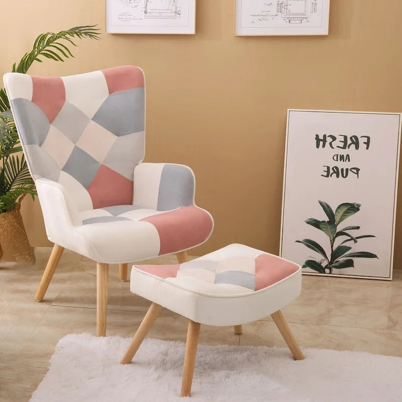 Fauteuil d’appoint avec pouf, ensemble fauteuil et pouf pour le salon, fauteuil d’appoint confortable avec accoudoirs pour la chambre, revêtement en tissu à motifs créatifs