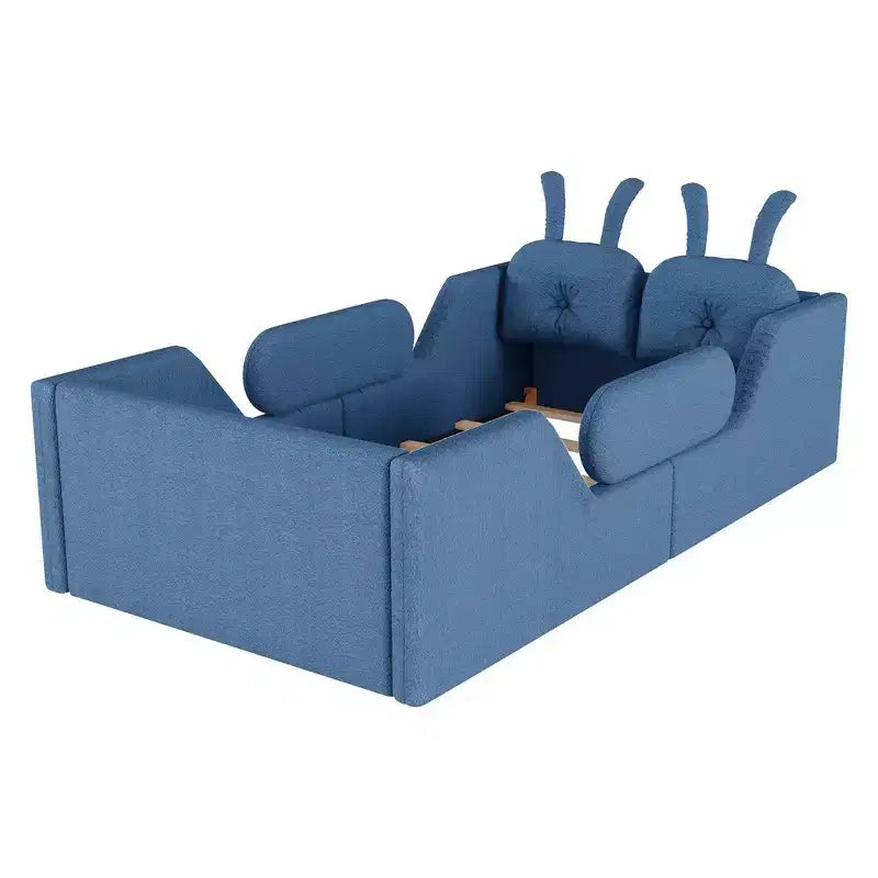 Letto a piattaforma singolo Whisen, struttura imbottita per letto a terra per bambini con cuscino a forma di coniglio e sponde laterali rimovibili