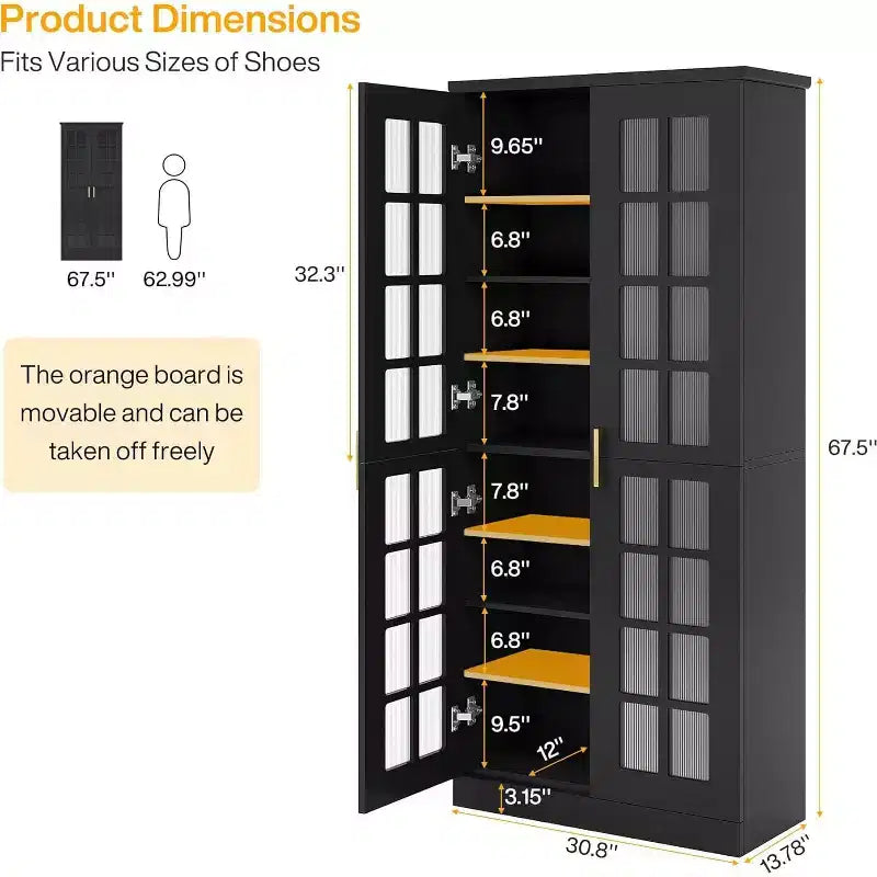 Meuble à chaussures haut Lantine avec portes, rangement à chaussures à 8 niveaux avec étagères réglables, meuble à chaussures moderne pour entrée, placard ou salon, blanc