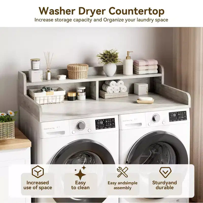 Plan de travail à 2 niveaux pour lave-linge et sèche-linge avec étagère ou tiroirs, couvre-plan de buanderie avec tapis antidérapant, dessus de 54X27.5 pour plier le linge