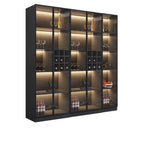 Credenza portabottiglie minimalista in legno nero con anta in vetro