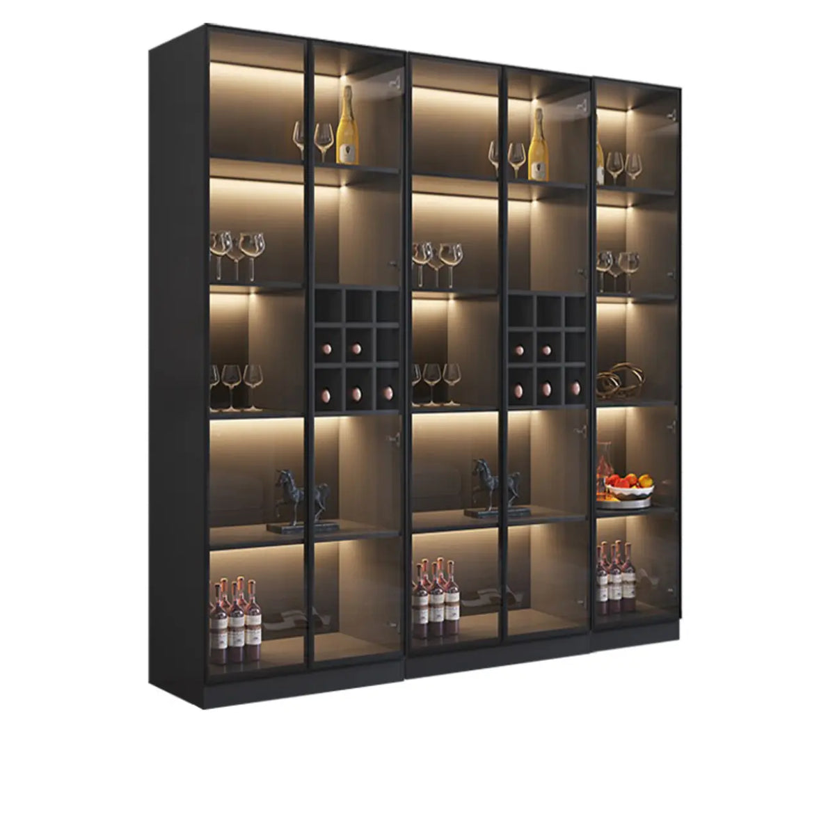 Credenza portabottiglie minimalista in legno nero con anta in vetro