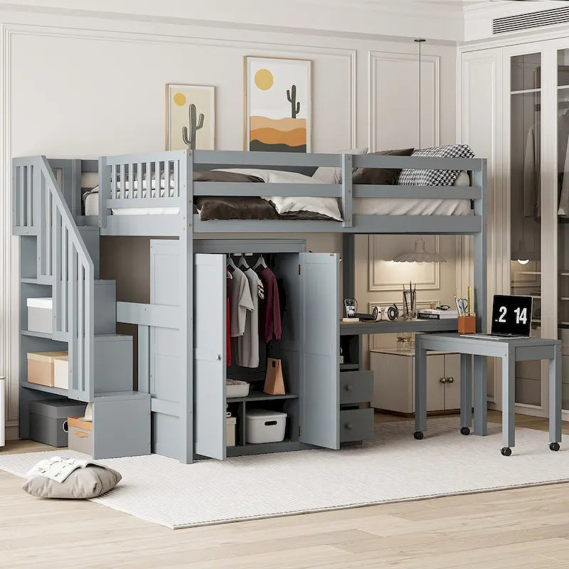 Letto a soppalco matrimoniale con scale, libreria, scrivania e guardaroba, mobile multifunzionale salvaspazio per bambini e ragazzi - bianco