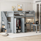 Letto a soppalco matrimoniale con scale, libreria, scrivania e guardaroba, mobile multifunzionale salvaspazio per bambini e ragazzi - bianco