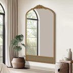 37 in. W x 71 in. H Classic Carved Arch Wood Frame with Rattan Bottom Wall Mirror in Brown