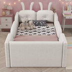 Letto a piattaforma singolo Whisen, struttura imbottita per letto a terra per bambini con cuscino a forma di coniglio e sponde laterali rimovibili