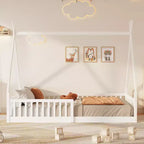 Floor Bed for Kids, Twin Size Tent Beds, Montessori Floor Bed with Slats and Fence Rails, Wood House Bed Frame for Boys Girls
