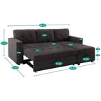 Divano componibile reversibile trasformabile con letto estraibile, chaise longue con contenitore nascosto e gambe resistenti