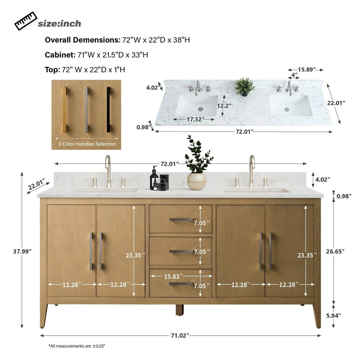 Meuble-lavabo Vanity Art 72 à double vasque avec plateau en marbre reconstitué