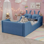 Letto a piattaforma singolo Whisen, struttura imbottita per letto a terra per bambini con cuscino a forma di coniglio e sponde laterali rimovibili