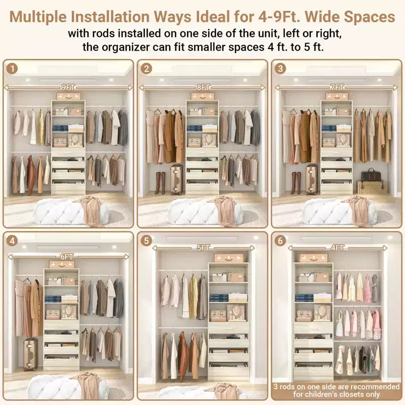 Système d’organisation de dressing en bois Besiost de 4 à 9 pieds avec 4 tiroirs, 4 tringles et des colonnes d’étagères