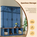 Mobile da ingresso blu in stile rustico The Misty Moon con 4 ganci appendiabiti nascosti e versatile panca in noce con 8 ante