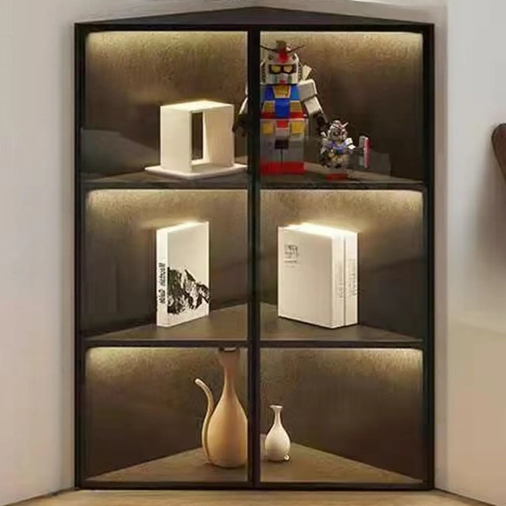 Mobile angolare moderno da esposizione in metallo e legno grigio con anta in vetro