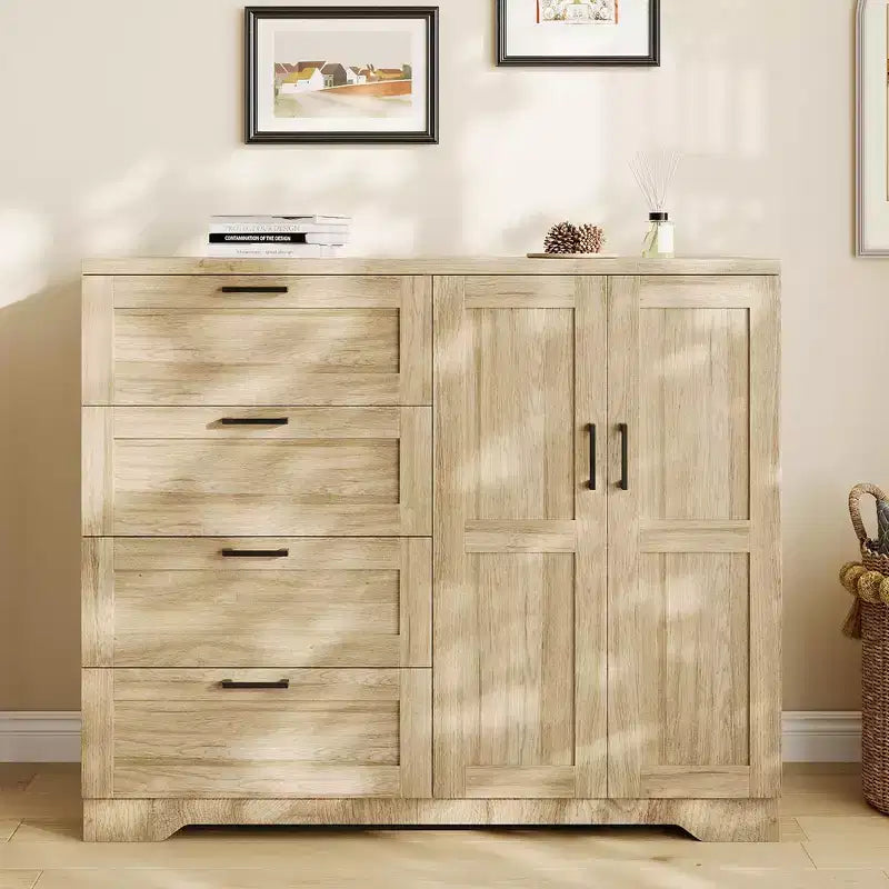 Armadio guardaroba in legno alto 43,3" con 4 cassetti e barra appendiabiti, mobile contenitore multifunzionale per abiti da camera da letto