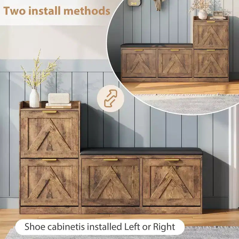 Meuble à chaussures de style maison de campagne avec banc, 4 tiroirs basculants, organisateur de rangement pour chaussures d’entrée avec assise rembourrée confortable, banc à chaussures autoportant