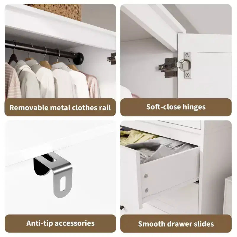 Armadio guardaroba COZONY con 3 cassetti e 2 ante, mobile guardaroba moderno in legno per camera da letto, armadio indipendente bianco resistente