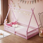 Floor Bed for Kids, Twin Size Tent Beds, Montessori Floor Bed with Slats and Fence Rails, Wood House Bed Frame for Boys Girls