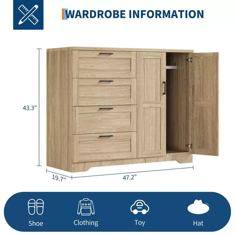 Armadio guardaroba in legno alto 43,3" con 4 cassetti e barra appendiabiti, mobile contenitore multifunzionale per abiti da camera da letto