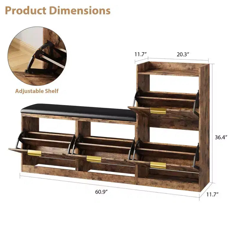 Meuble à chaussures de style maison de campagne avec banc, 4 tiroirs basculants, organisateur de rangement pour chaussures d’entrée avec assise rembourrée confortable, banc à chaussures autoportant