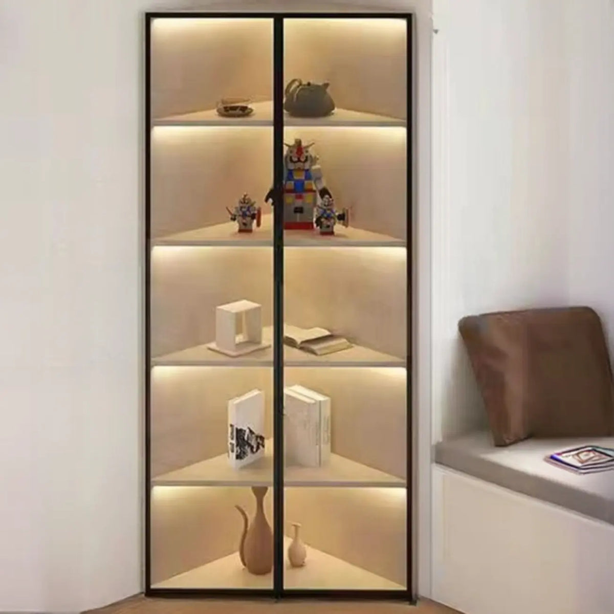 Mobile angolare moderno da esposizione in metallo e legno grigio con anta in vetro