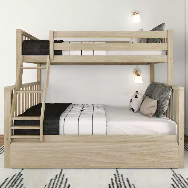 Letto a castello Max & Lily, singolo sopra matrimoniale con letto estraibile, in legno massello e stile scandinavo, per bambini