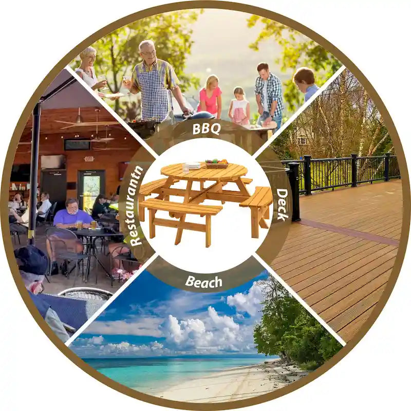 Ensemble de pique-nique et repas rond pour terrasse extérieure en bois de sapin, 8 personnes, avec 4 bancs intégrés et trou pour parasol