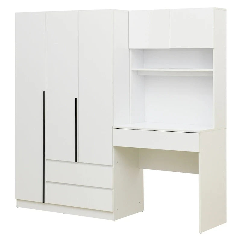 Armoire 3-en-1 avec coiffeuse, ensemble bureau, armoire de chambre avec 2 tiroirs, 3 portes et espace de rangement
