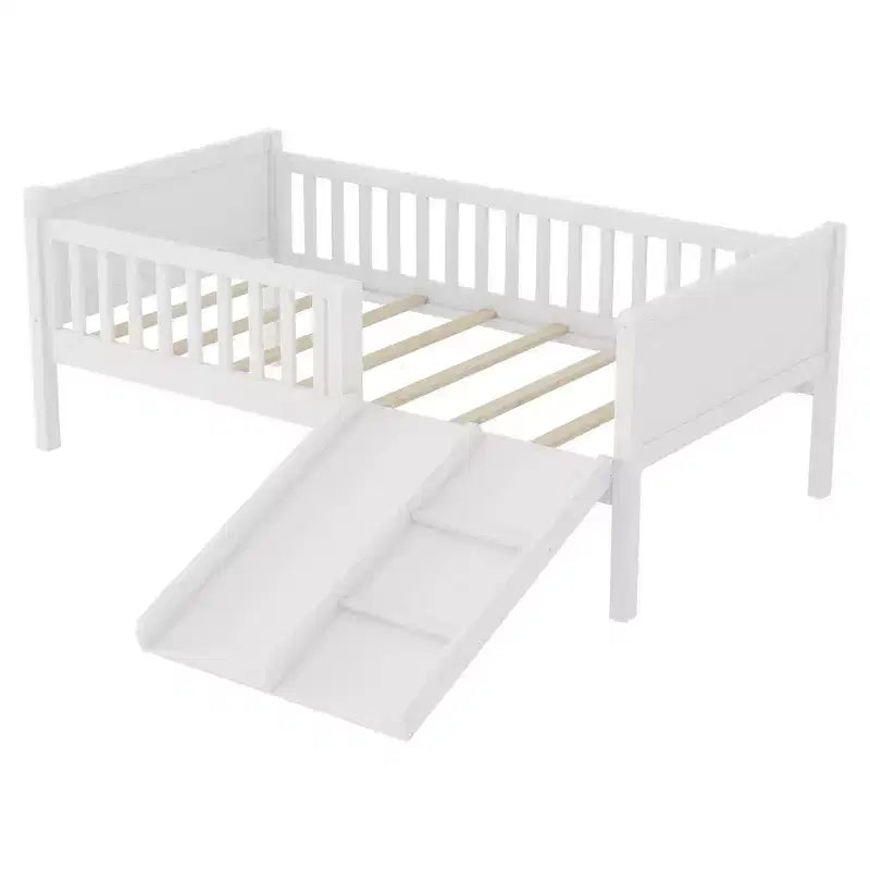 Cadre de lit mezzanine bas Whisen 1 place pour enfants avec toboggan, bibliothèque de rangement mobile et barrières de sécurité