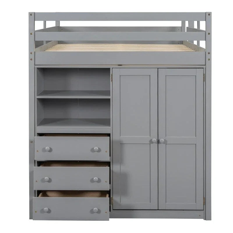 Lit mezzanine en bois 2 places avec armoire intégrée, bureau, étagères de rangement et tiroirs