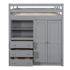 Lit mezzanine en bois 2 places avec armoire intégrée, bureau, étagères de rangement et tiroirs
