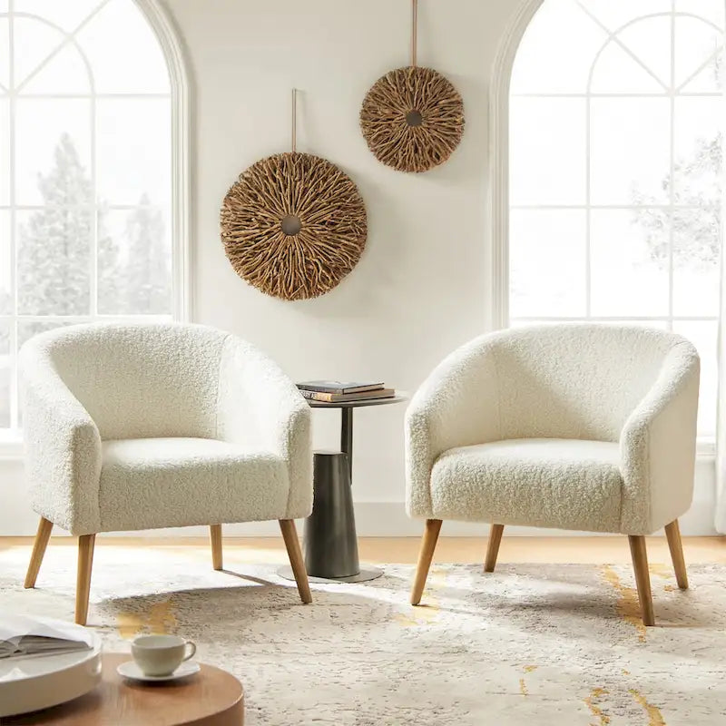 Fauteuil bouclé moderne Sheila de 30 W avec pieds en bois massif, lot de 2, par HULALA HOME