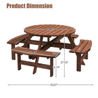 Ensemble de pique-nique et repas rond pour terrasse extérieure en bois de sapin, 8 personnes, avec 4 bancs intégrés et trou pour parasol